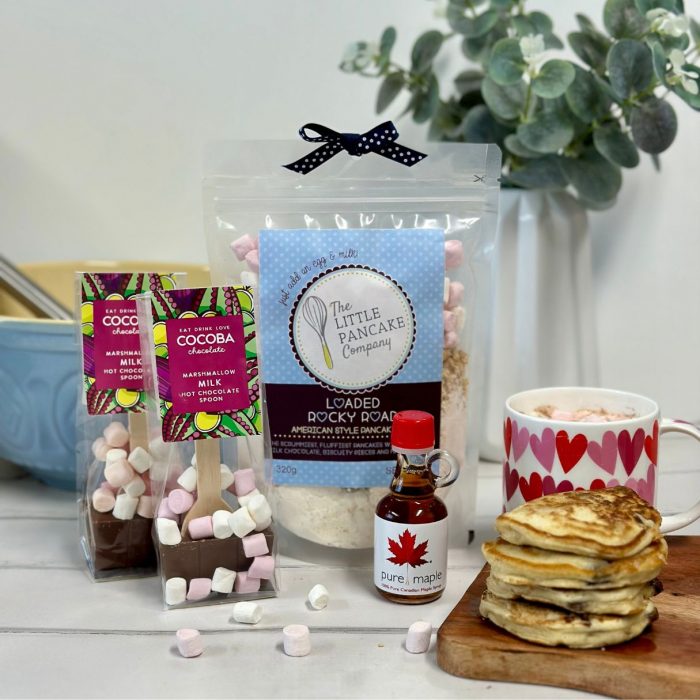 Breakfast in Bed Pancake Gift Set with Pancake Mix, Hot Chocolate Spoons and Maple Syrup