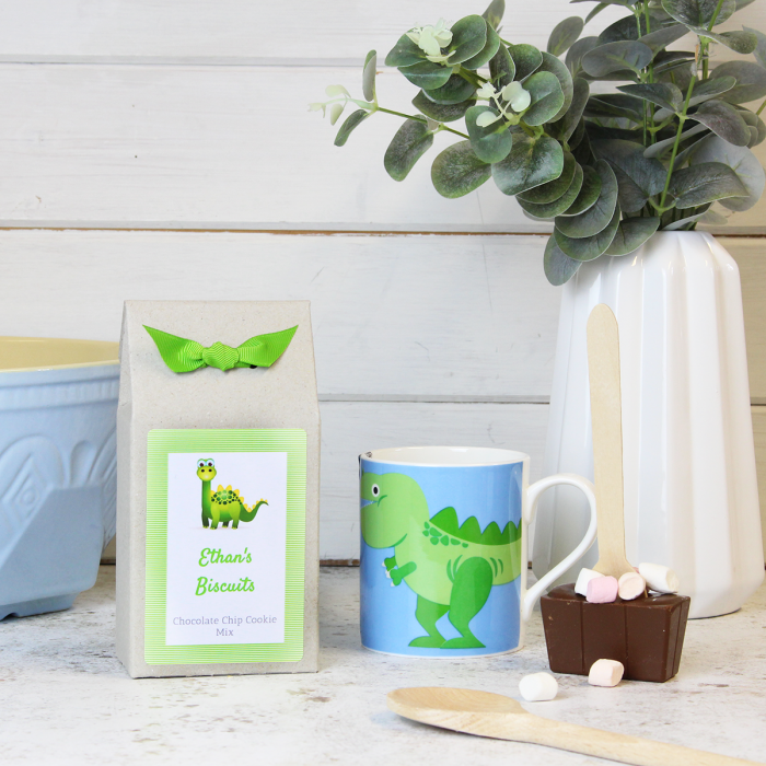 Personalised Dinosaur Mug, Hot Chocolate & Biscuits Gift Set for Kids