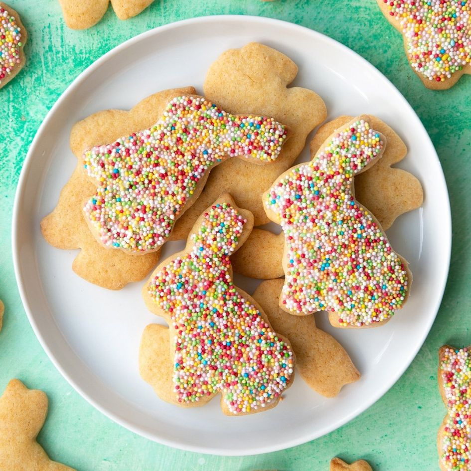 Easter bunny biscuits decorated with sprinkles