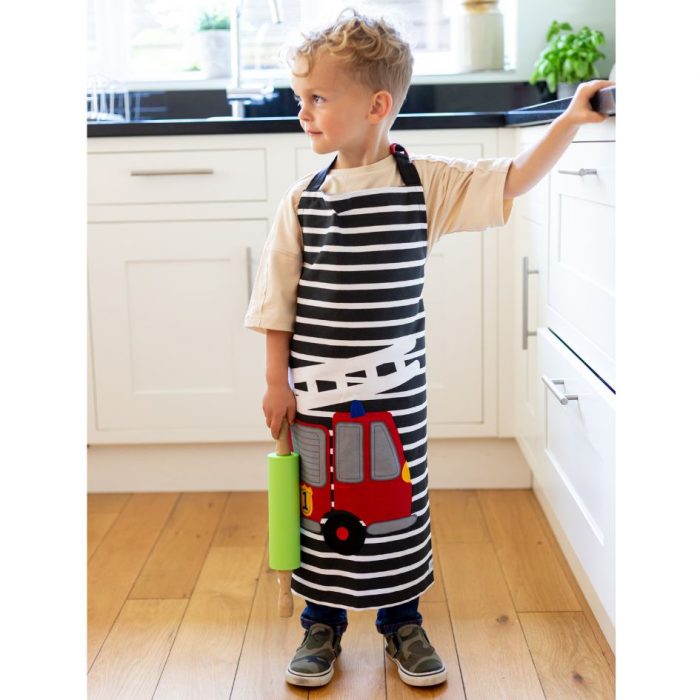 Kids fire engine apron being worn by a 4 year old.