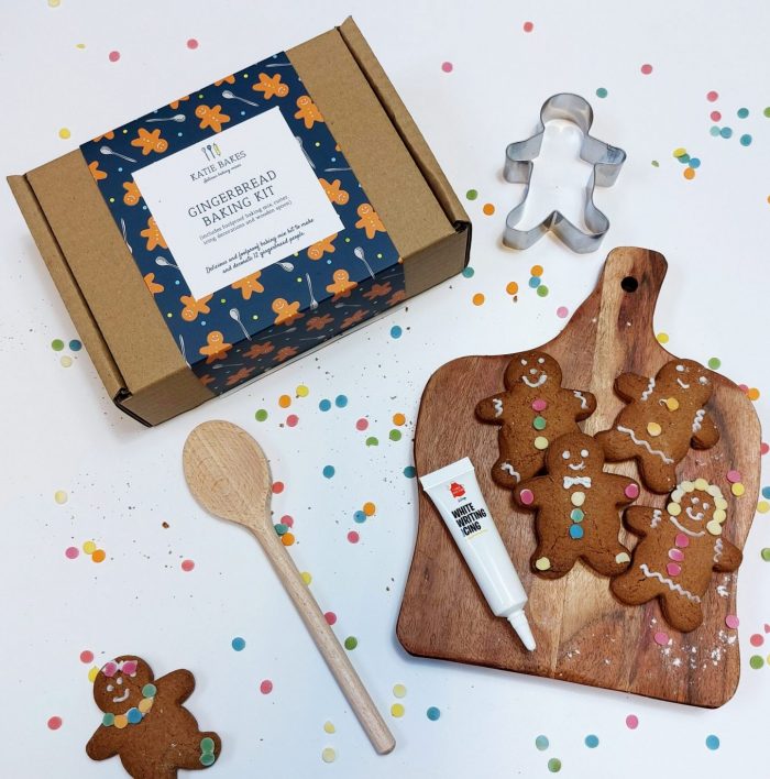 Gingerbread baking mix gift box with decorated gingerbread biscuits.