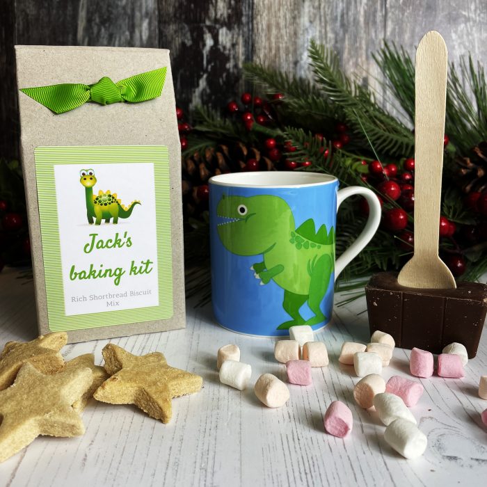 Personalised Dinosaur Gift Box with Baking Mix, Mug and Hot Chocolate