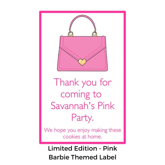 Personalised Barbie themed pink party bag label close up