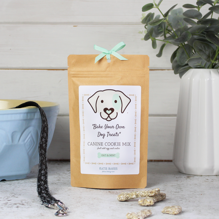 A mint flavoured dog treat mix packaged in an eco-friendly kraft pouch with a personalised label.