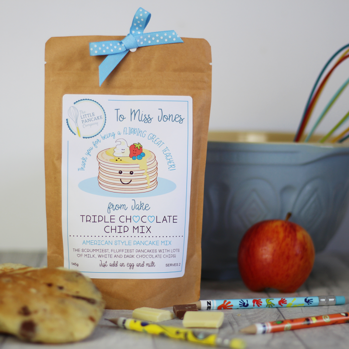 A triple chocolate pancake mix packed in an eco-friendly kraft pouch, with a personalised front label with your own special message for your child's teacher.