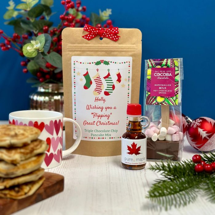 Mini Breakfast in Bed Christmas Pancake Gift Set with Personalised Pancake Mix, Hot Chocolate Spoon and Maple Syrup