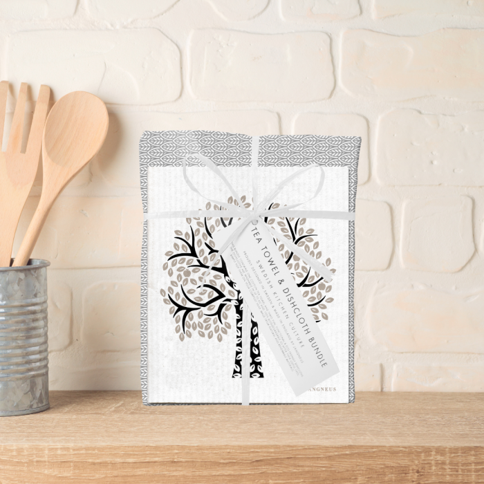 Black tree designed dishcloth in a bundle with a tea towel
