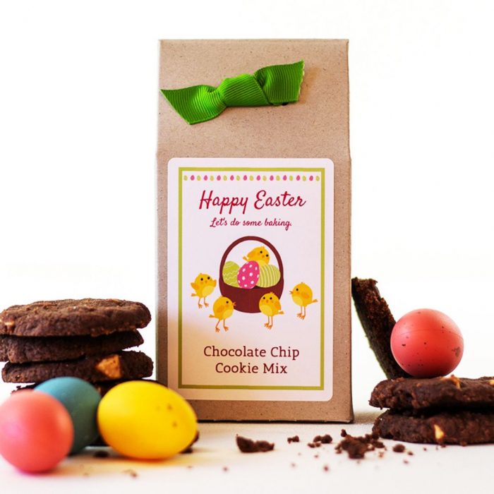 Easter Cookie Mix in a gift box with personalised Easter themed label and green ribbon.