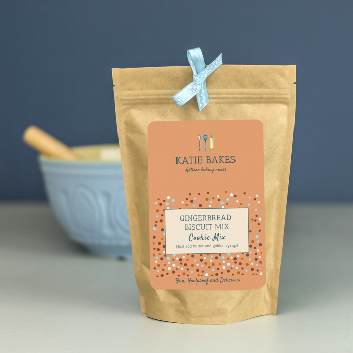 An artisan gingerbread biscuit mix packaged in an eco-friendly kraft pouch.