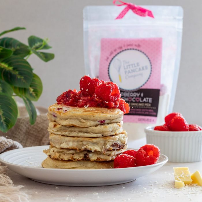 Raspberry pancakes with pancake mix and raspberry topping
