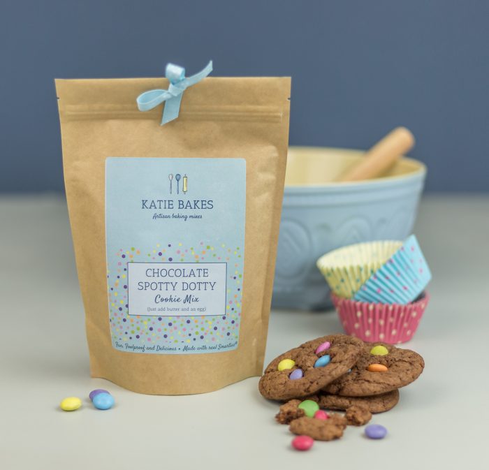 A chocolate cookie mix packed in an eco-friendly kraft pouch with real smarties.